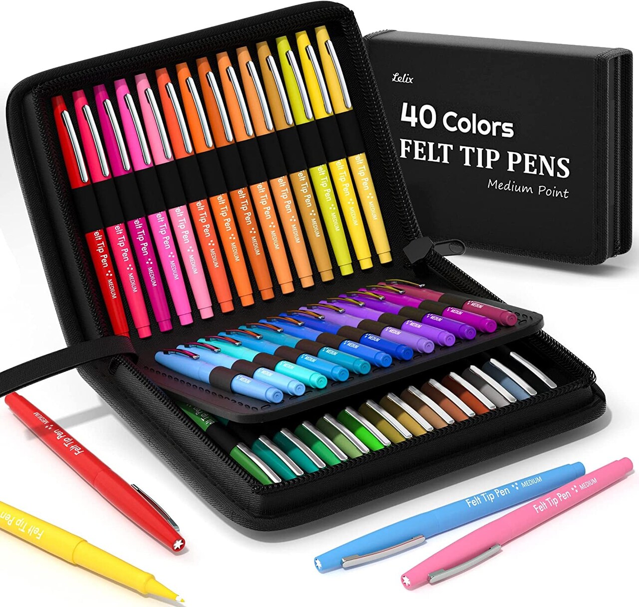 40 Colors Felt Tip Pens with Case, Colored Pens, Medium Point Felt Pens,  Felt Tip Markers Pens for Journaling, Writing,Drawing, Note Taking,  Planner, Perfect for Art Office and School Supplies